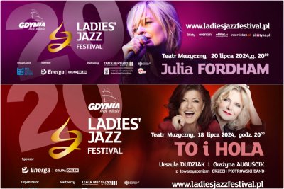 U góry: grafika zapowiadająca koncert Julii Fordham podczas Ladies' Jazz Festivalu (mat. prasowe organizatora). Na dole: grafika promująca koncert Urszuli Dudziak i Grażyny Auguścik podczas 20. edycji Ladies' Jazz Festivalu (mat. prasowe organizatora)