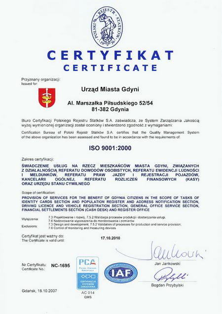 certyfikat ISO dla Urzędu Miasta Gdyni