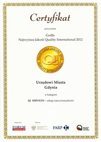 Miasto Gdynia otrzymało Złote Godło "Najwyższa Jakość Quality International 2012" za Wirtualnego Urzędnika