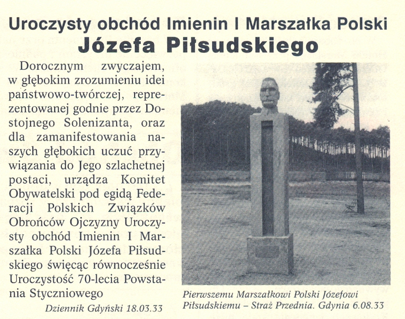 Odsłonięcie pomnika Marszałka Józefa Piłsudskiego nastąpiło dnia 6 sierpnia 1933 r. na placu Grunwaldzkim - Dziennik Gdyński, źródło: Gdynia w Gazetach przez 75 lat, M. Sokołowska
