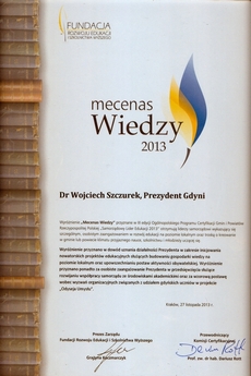 Prezydent Wojciech Szczurek laureatem wyróżnienia Mecenas Wiedzy