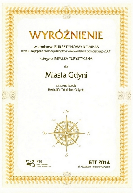 Wyróżnienie dla Miasta Gdyni w konkursie Bursztynowy Kompas w kategorii Impreza Turystyczna za organizację Herbalife Triathlon Gdynia