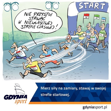 Obrazek autorstwa Katarzyny Zalepy informujący o kłopotach związanych z ustawianiem się w niewłaściwych strefach startowych Obrazek autorstwa Katarzyny Zalepy informujący o kłopotach związanych z ustawianiem się w niewłaściwych strefach startowych