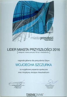 Nagroda Lider Miasta Przyszłości 2016 dla prezydenta Gdyni Wojciecha Szczurka