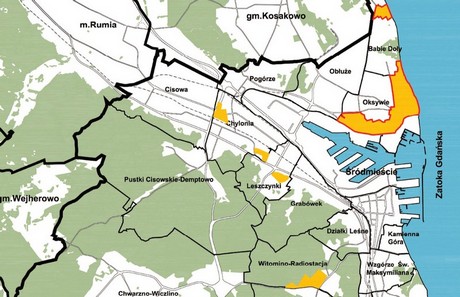 Mapa Gdyni z granicami obszarów zdegradowanych i obszarów rewitalizacji