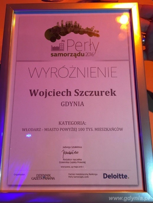 Gdynia oraz prezydent miasta Wojciech Szczurek otrzymali wyróżnienia w plebiscycie „Perły Samorządu 2016