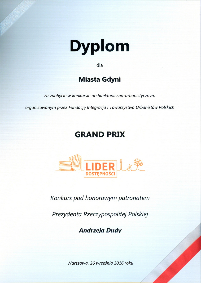 Dyplom dla miasta Gdynia za zdobycie w konkursie architektoniczno-urbanistycznym organizowanym przez Fundację Integracja i Towarzystwo Urbanistów Polskich Grand Prix