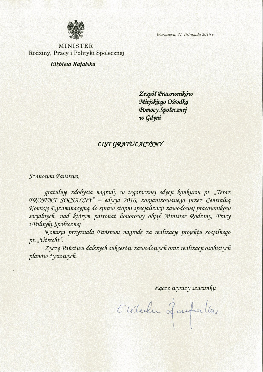 List gratulacyjny od minister Elżbiety Rafalskiej dla pracowników Miejskiego Ośrodka Pomocy Społecznej w Gdyni