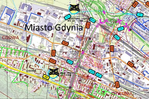 Fragment mapy projektowej, Gdynia, fragment Grabówka i Chyloni oraz Leszczynek, widoczne oznaczenia projektowe, nazwy geograficzne