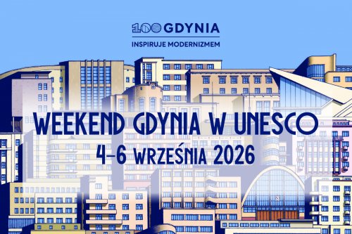 Grafika z modernistycznymi budynkami promująca weekend „Gdynia w UNESCO” (mat. prasowe)