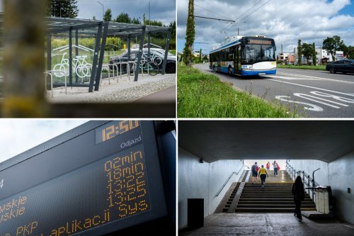 Kolaż czterech zdjęć. Zadaszona wiata z naklejką roweru, ulica, chodnik, autobus jadący buspasem przy ul. Wielkopolskiej, schody przy zejściu do tunelu obok SKM w Chyloni, elektroniczna tablica z godzinami odjazdów autobusów