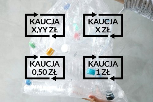 Zdjęcie kobiecych rąk trzymających przezroczysty worek z plastikowymi butelkami, szare tło. Na pierwszym planie graficzne oznaczenia systemu kaucyjnego w Polsce