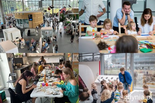 Na zdjęciu: w lewym górnym rogu Centrum Nauki Experyment (fot. Magdalena Starnawska), w prawym górnym rogu: zajęcia w Muzeum Miasta Gdyni (fot. Przemysław Kozłowski), w lewym dolnym rogu: zajęcia ceramiczne w Wymiennikowni (fot. Magdalena Starnawska), wystawa stała w Centrum Nauki Experyment (fot. materiały prasowe Centrum Nauki Experyment)