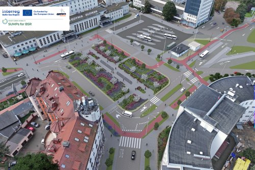 Trójwymiarowa wizualizacja, plac Konstytucji w Gdyni, dworzec Gdynia Główna, przystanki, ulice, miejsca dla pieszych, budynki w Śródmieściu