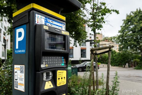 Ulice na działkach leśnych, jezdnia, domy, zieleń. Na pierwszym planie ekran parkomatu, wyświetlacz, żółte oznaczenie strefy parkingowej