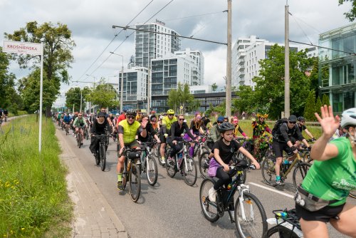 Aleja Zwycięstwa w Gdyni, słoneczny dzień, ulica, w tle wysokie budynki. Na ulicy tłum rowerzystów