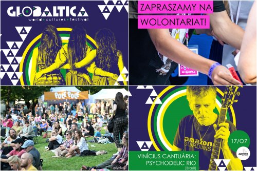Kolaż zdjęć. U góry po lewej: grafika ze zdjęciem zespołu Sutari (fot. materiały prasowe). U góry po prawej: grafika zapraszająca do zgłoszeń na wolontariat podczas Globaltiki (fot. materiały prasowe). Na dole po lewej: publiczność podczas jednego z koncertów Globaltiki w 2024 roku (fot. Michał Puszczewicz). Na dole po prawej: grafika ze zdjęciem Viníciusa Cantuárii (fot. materiały prasowe)