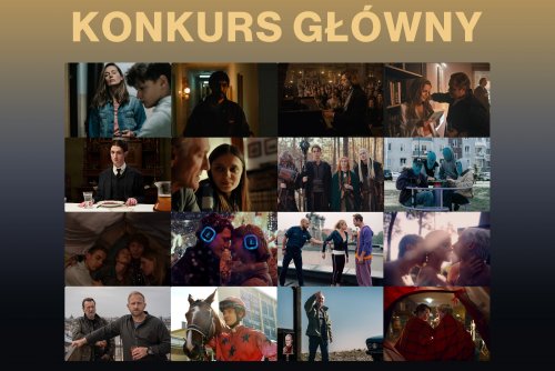 Plansza promocyjna FPFF, złoto-czarne tło, szesnaście stop-klatek z filmów z Konkursu Głównego