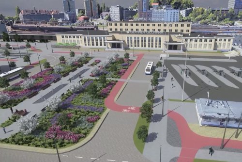 Trójwymiarowa wizualizacja, widoczny dworzec Gdynia Główna, plac Konstytucji, zieleń na placu, pojazdy i budynki