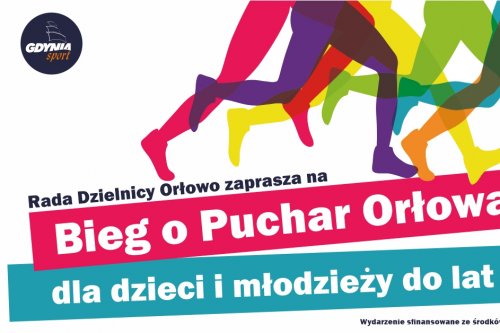 Kolorowe nogi biegaczy na plakacie promującym Bieg o Puchar Orłowa dla dzieci i młodzieży do lat 18