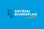Na niebieskim tle logotyp konkursu Gdyński Biznesplan oraz biały napis 