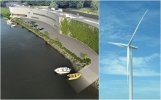 Trójwymiarowa wizualizacja Centrum Offshore nad nabrzeżem i elektrownia wiatrowa