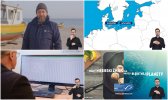 Cztery zrzuty ekranu z materiałów wideo. U góry po lewej mężczyzna w kurtce i czapce na plaży w Orłowie, obok kutra rybackiego, u góry po prawej: uproszczona, biała mapa Polski z oznaczeniami na Morzu Bałtyckim, na dole po lewej: mężczyzna przed ekranem, na ekranie wykresy i liczby, na dole po prawej: grafika ze spotu promującego MSC, ryby, woda, napisy