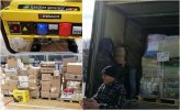 Kolaż trzech zdjęć: na jednym żółty agregat spalinowy, na drugim kartony w magazynie, na trzecim otwarta ciężarówka pełna kartonów i człowiek stojący przed ciężarówką