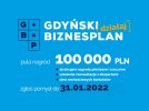 Niebieska plansza promocyjna Gdyńskiego Biznesplanu 2022. Napisy, elementy graficzne