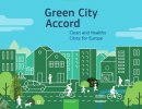 Piktogram promujący Green City Accord. Widoczne wysokie budynki w otoczeniu zieleni oraz ludzie i rowerzyści.