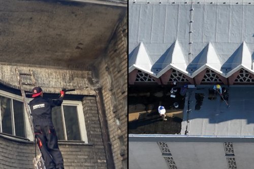 Prace przy gzymsie elewacji od podwórza budynku YMCA i prace remontowe dachu nad nawą boczną kościoła pw. NSPJ (fot. M. Studniak / T. Głazik)