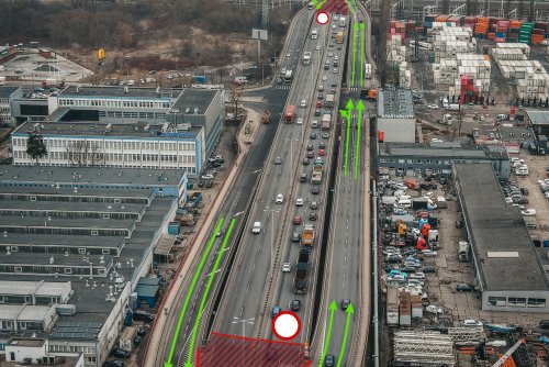 Schemat organizacji ruchu po zamknięciu głównego ciągu Estakady Kwiatkowskiego (fot. Marcin Mielewski / Zarząd Dróg Miejskich)