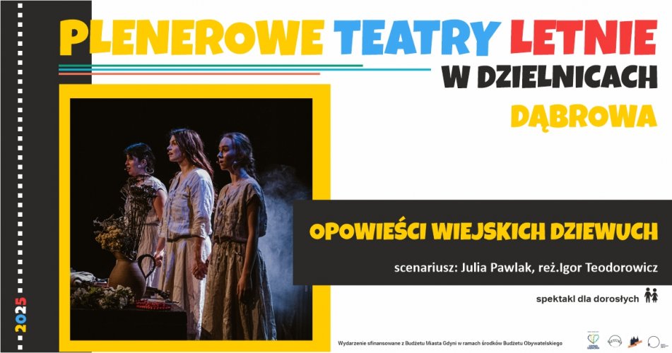 Zdjęcie ze spektaklu „Opowieści Wiejskch Dziewuch”. 3 aktorki w strojch ludowych stoją trzymajać się za ręce.