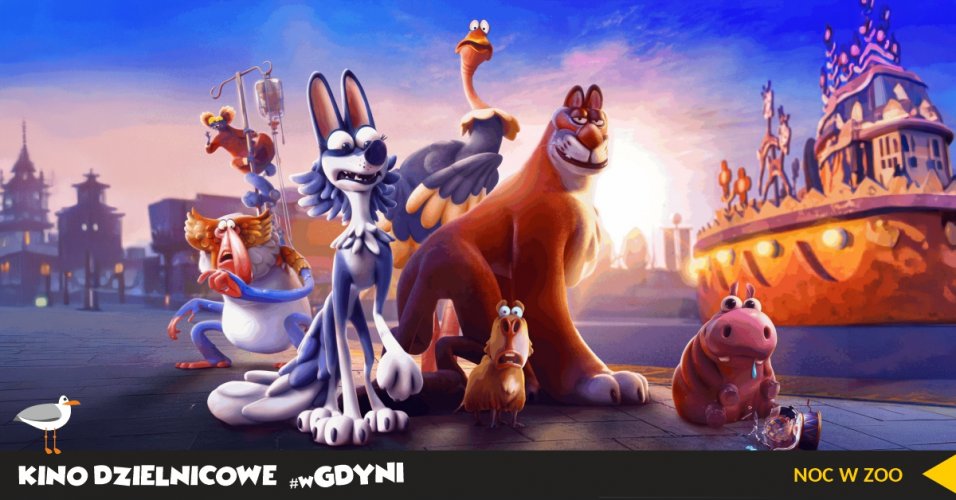Kadr z filmu "Noc w Zoo". Animowane zwierzęta na tle ZOO.