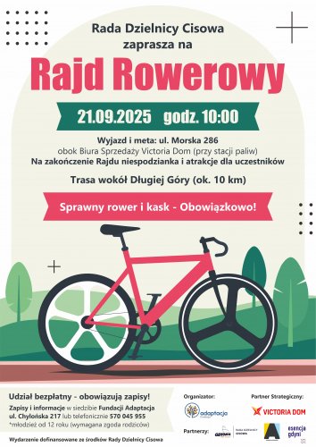 Plakat z czerwonym rowerem, promujący rajd na Cisowej.