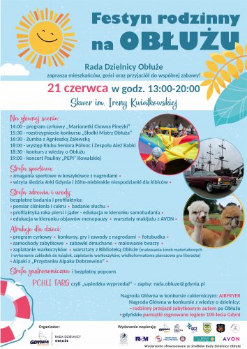 Plakat promujacy festyn na Obłużu ze zdjęciami atrakcji.