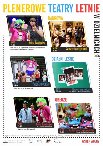 Plakat ze zdjęciami ze spektakli Teatru Czwarte Miasto oraz repertuarem Plenerowych teatrów Letnich w Dzielnicach (dokładne informacje w tekście artykułu).