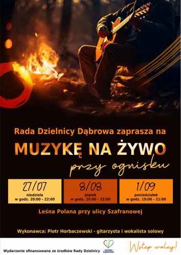 Plakat z ogniskiem z harmonogramem koncertów na żywo na Dąbrowie.