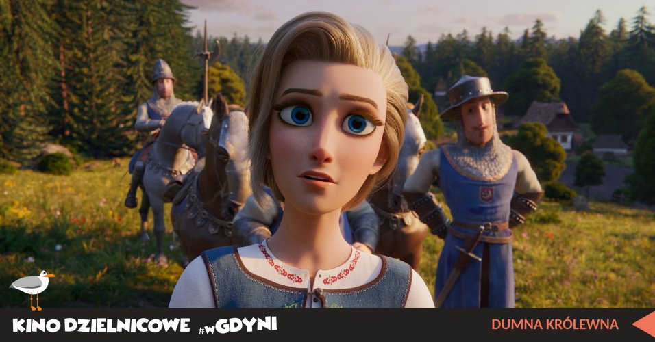 Kadr z filmu „Dumna Królewna”. Animowana postać królewny stoi na tle rycerzy na koniach.