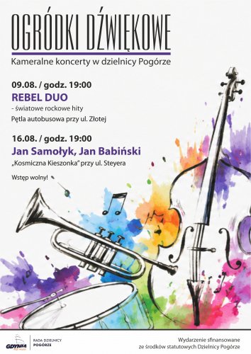 Plakat z akwarelowym rysunkiem instrumentów muzycznych i harmonogramem koncertów.