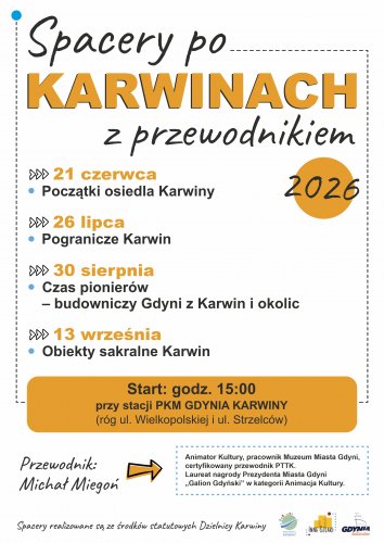 Baner w zółtych kolorach z napisem Spacery po Karwinach z przewodnikiem.