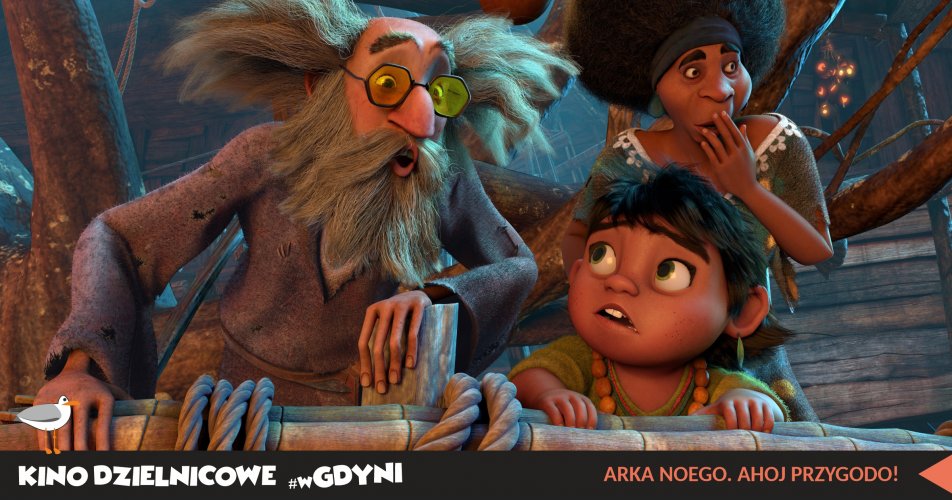 Kadr z filmu „Arka Noego. Ahoj, przygodo!”. Animowane postaci kobieta, chłopiec i starszy mężczyzna w okularach na statku.
