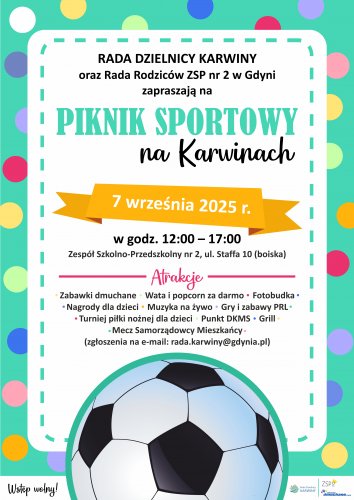 Plakat z piłką nożną promujący sportowy piknik na Karwinach.