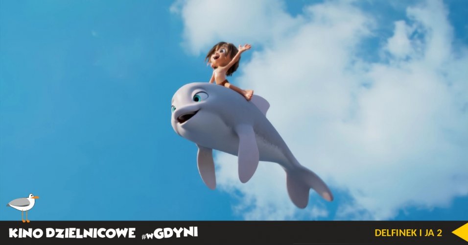Kadr z filmu "Delfinek i Ja". Chłopiec na grzbiecie delfinka lecą po niebie, animowane postaci.