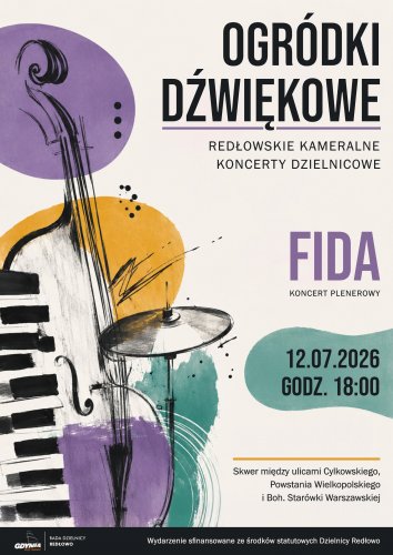 Plakat promujący koncerty w plenerze w Redłowie, artystyczny rysunek instrumentów.