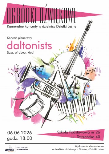 Plakat z akwarelowym przedstawieniem instrumentów muzycznych.