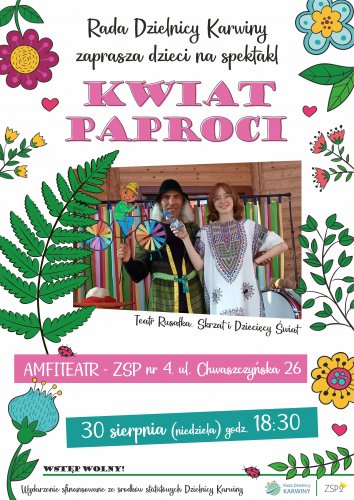 Plakat ze zdjęciem z przedsatwienia "Kwiat paproci" z motywami roślinnymi.