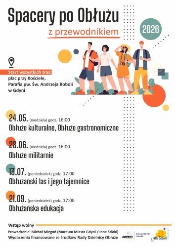 Plakat z narysowanymi postaciami zwiedzającymi miasto.