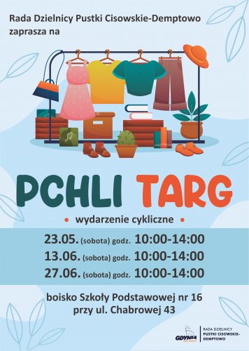 Plakat z graficznym przedstawieniem przedmiotów, które można kupić na pchlim targu.