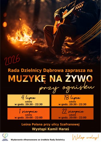 Plakat z ogniskiem i hatmonogramem koncertó na Dąbrowie.